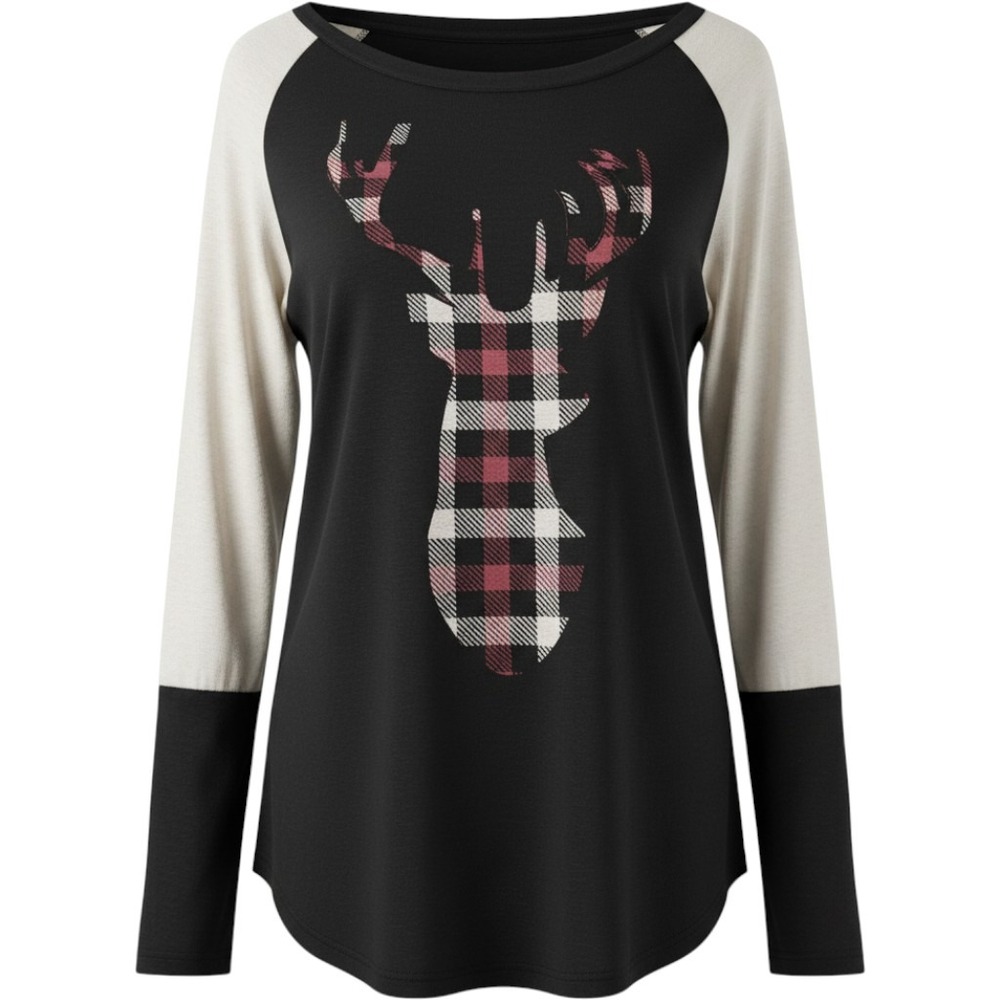 Acting Pro Womens XL Raglan Long Sleeve Plaid Deer Graphic Top Fall Black Cream